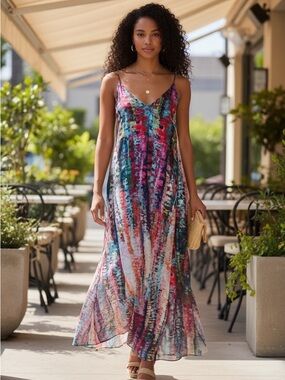 Nicole Miller Multicolor Tie-Dye Maxi Slip Dress
